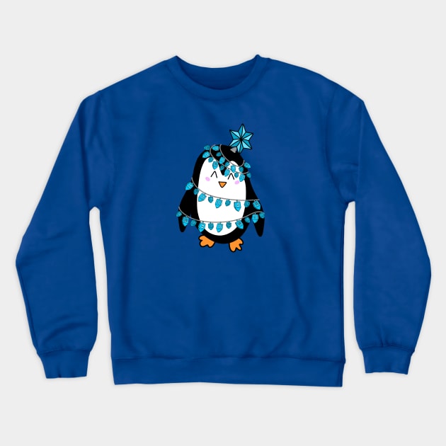 Cute Jewish Hanukkah Chrismukkah Christmas Tree Wrapped Penguin Cartoon, made by EndlessEmporium Crewneck Sweatshirt by EndlessEmporium